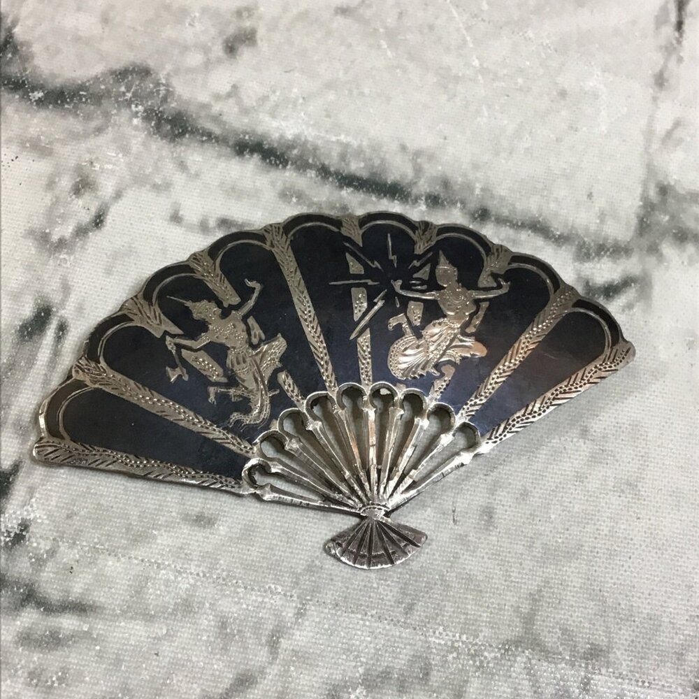 Vintage Fan Pin Sterling Silver Goddesses Temple Dancers WWII Era Brooch Siam